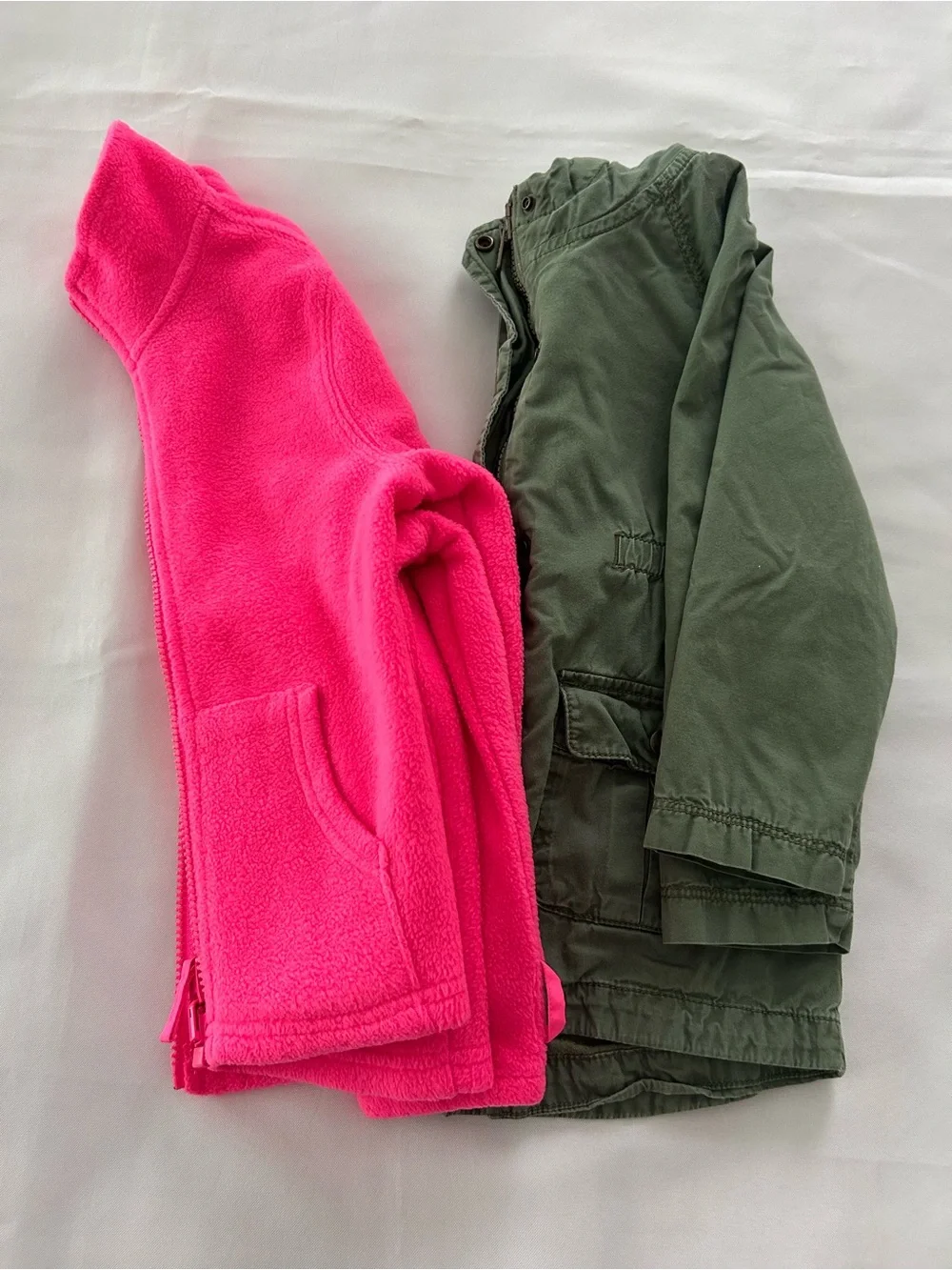 Set of 2 girls jackets, size 5T pink full zip fleece & green hooded lined jacket